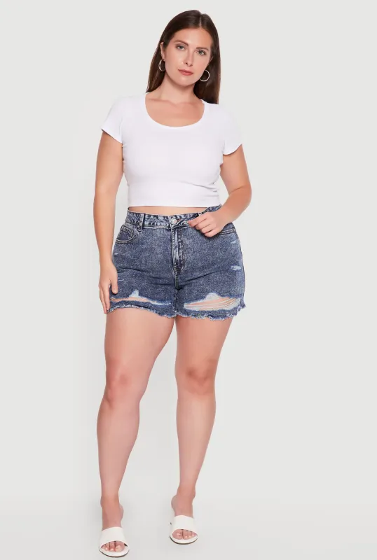 Plus Size Raw Hem Distressed Denim Shorts made by Rainbow