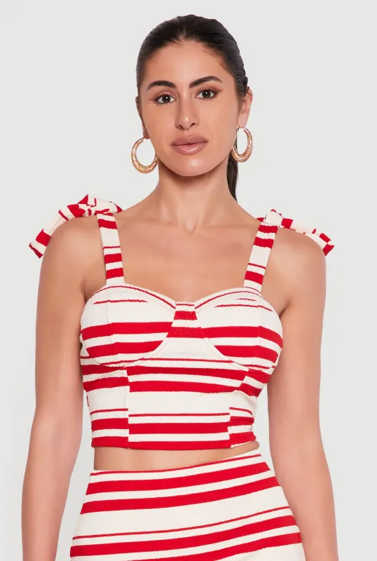 Striped Textured Knit Faux Tie Shoulder Crop Top made by Rainbow