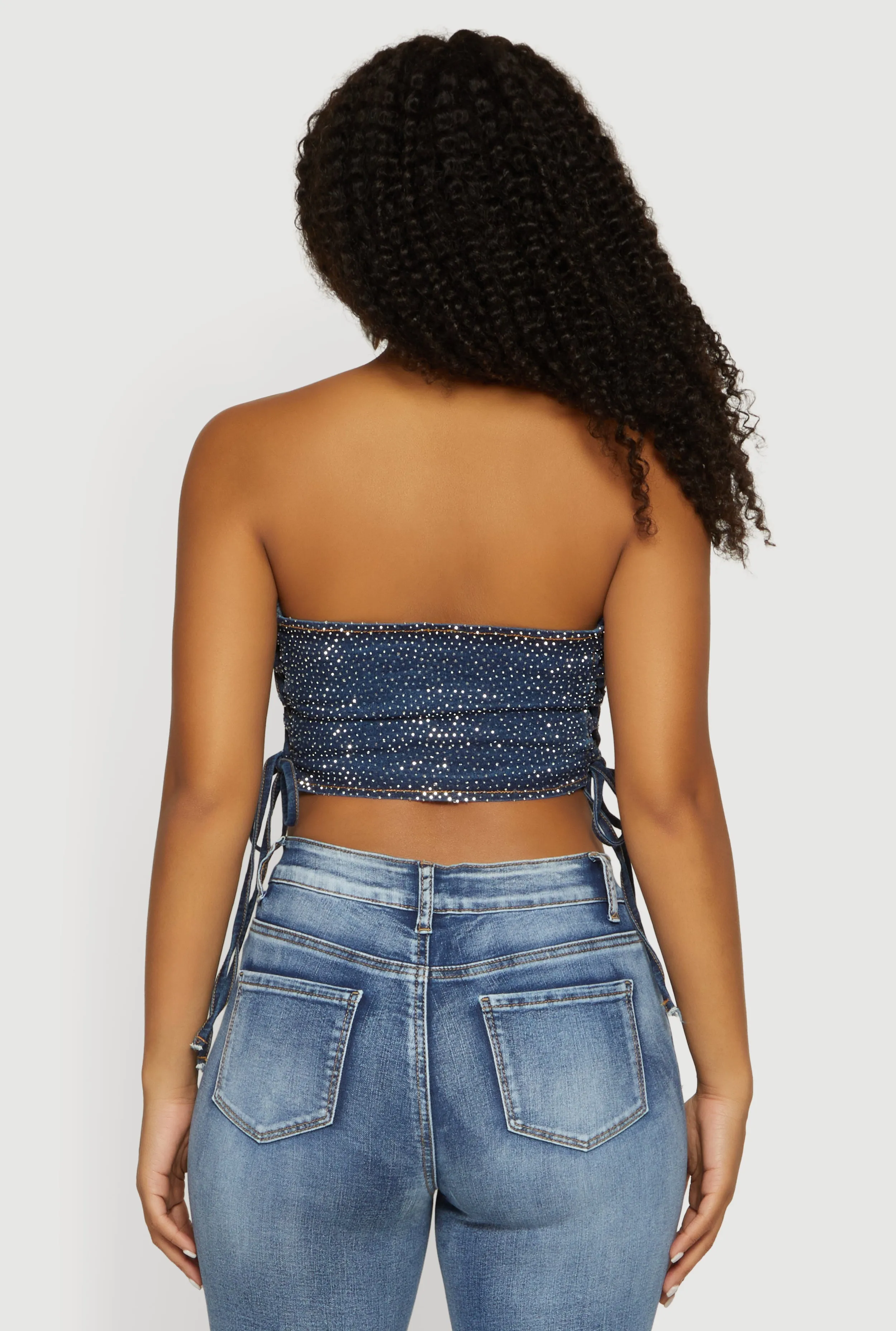 Rhinestone Denim Side Lace Up Corset Crop Top sold by Rainbow product image thumbnail 5
