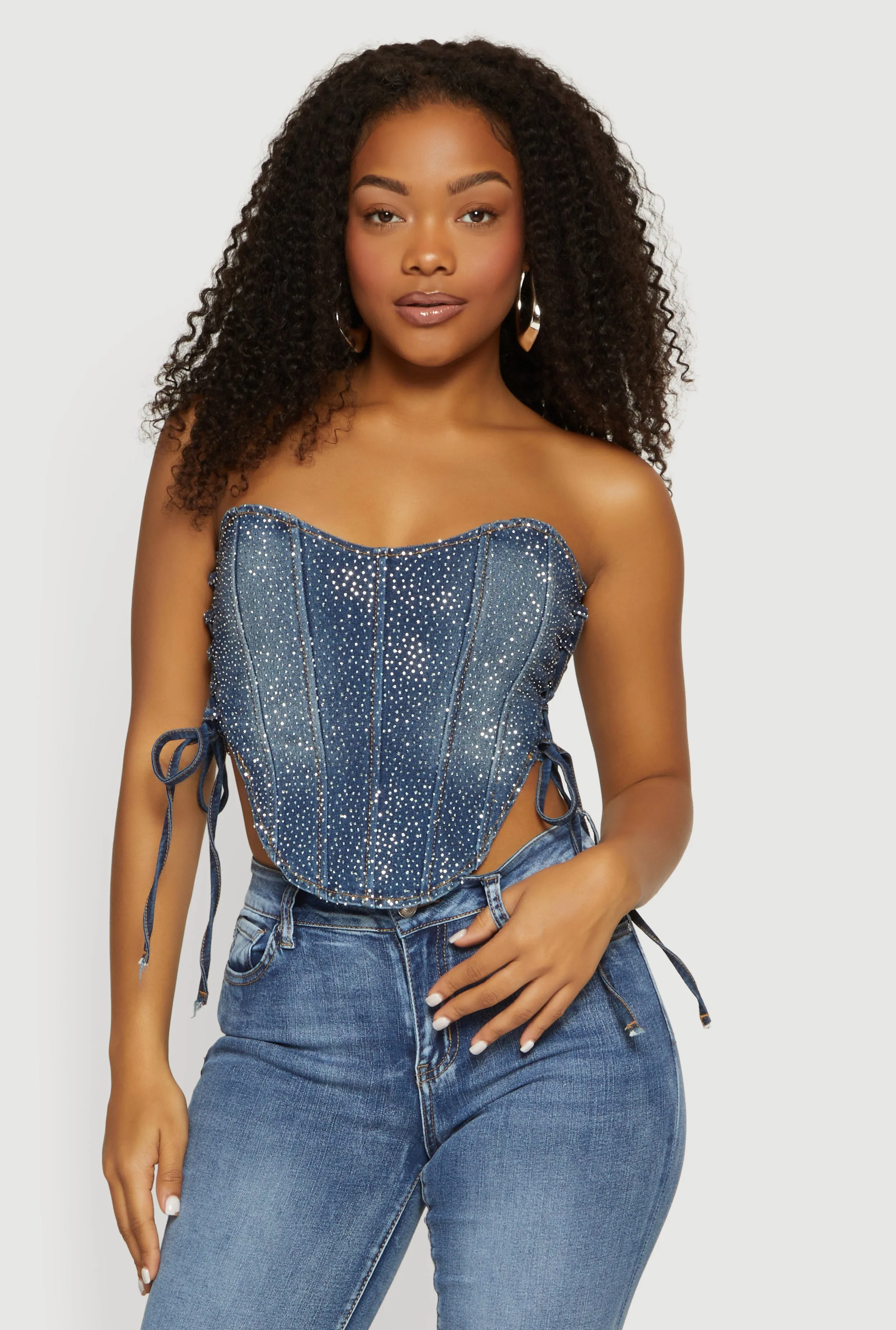 Rhinestone Denim Side Lace Up Corset Crop Top sold by Rainbow product image thumbnail 2