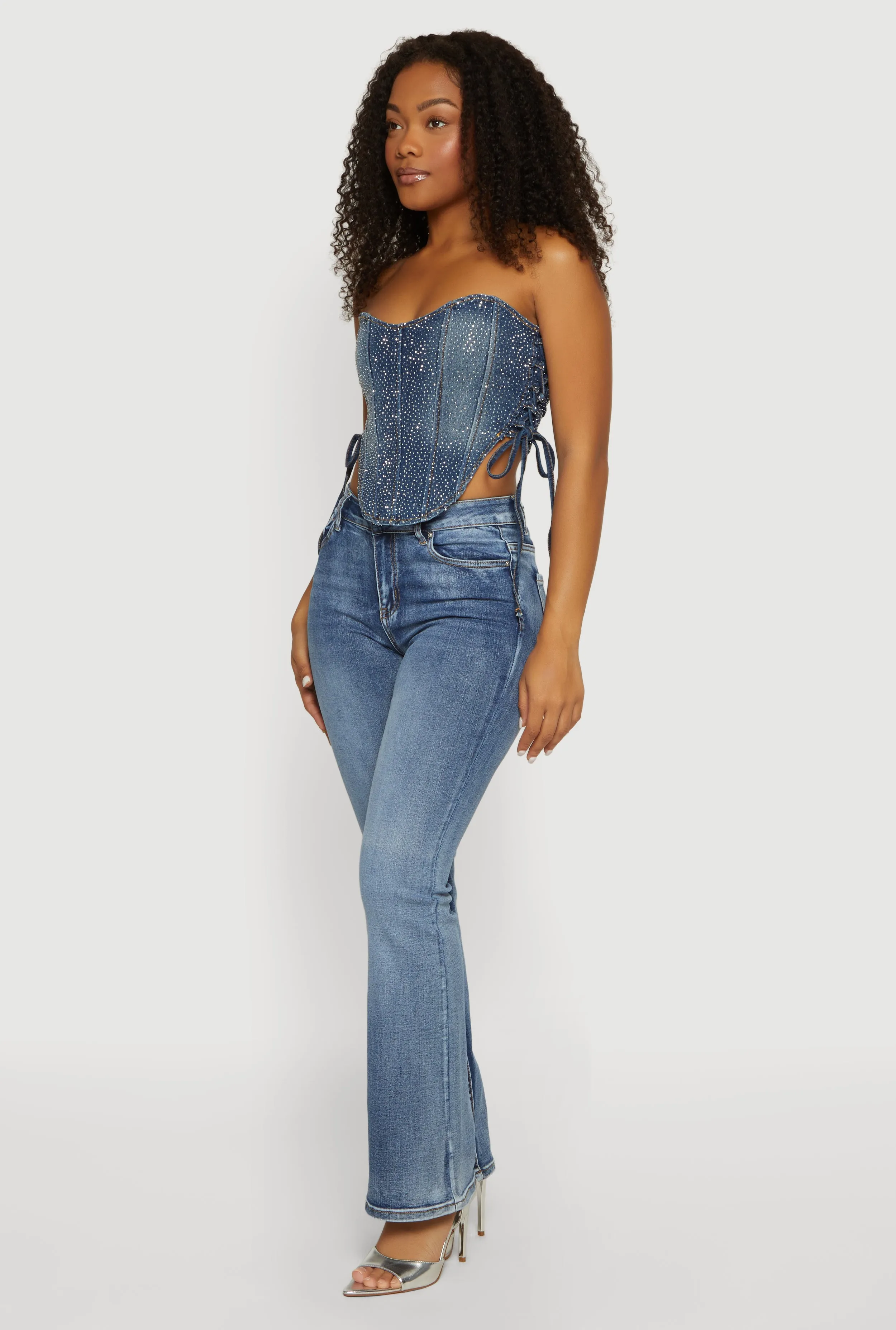 Rhinestone Denim Side Lace Up Corset Crop Top sold by Rainbow product image thumbnail 3