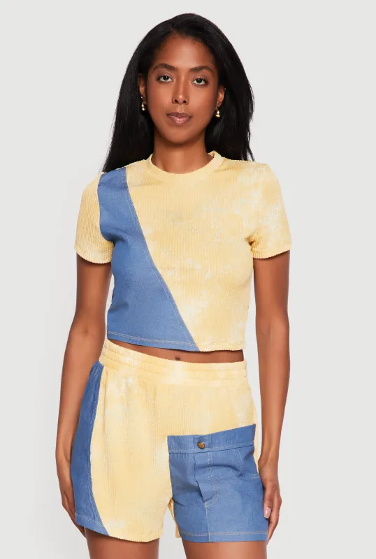 Ribbed Knit Acid Wash Top with Chambray Detail made by Rainbow