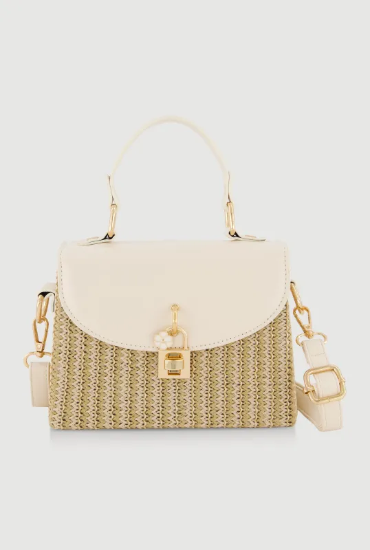 Twist Lock Faux Suede Detail Raffia Crossbody Handbag made by Rainbow