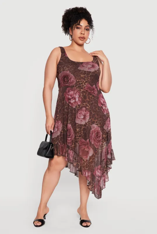Plus Size Floral Leopard Print Mesh Asymmetrical Ruffle Hem Dress made by Madden Girl