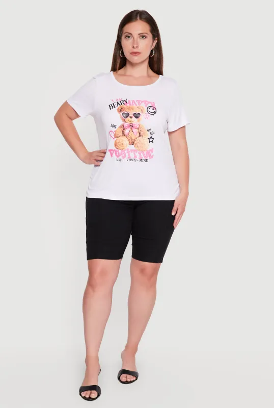 Plus Size Positive Bear Graphic Side Ruched Tee made by Rainbow