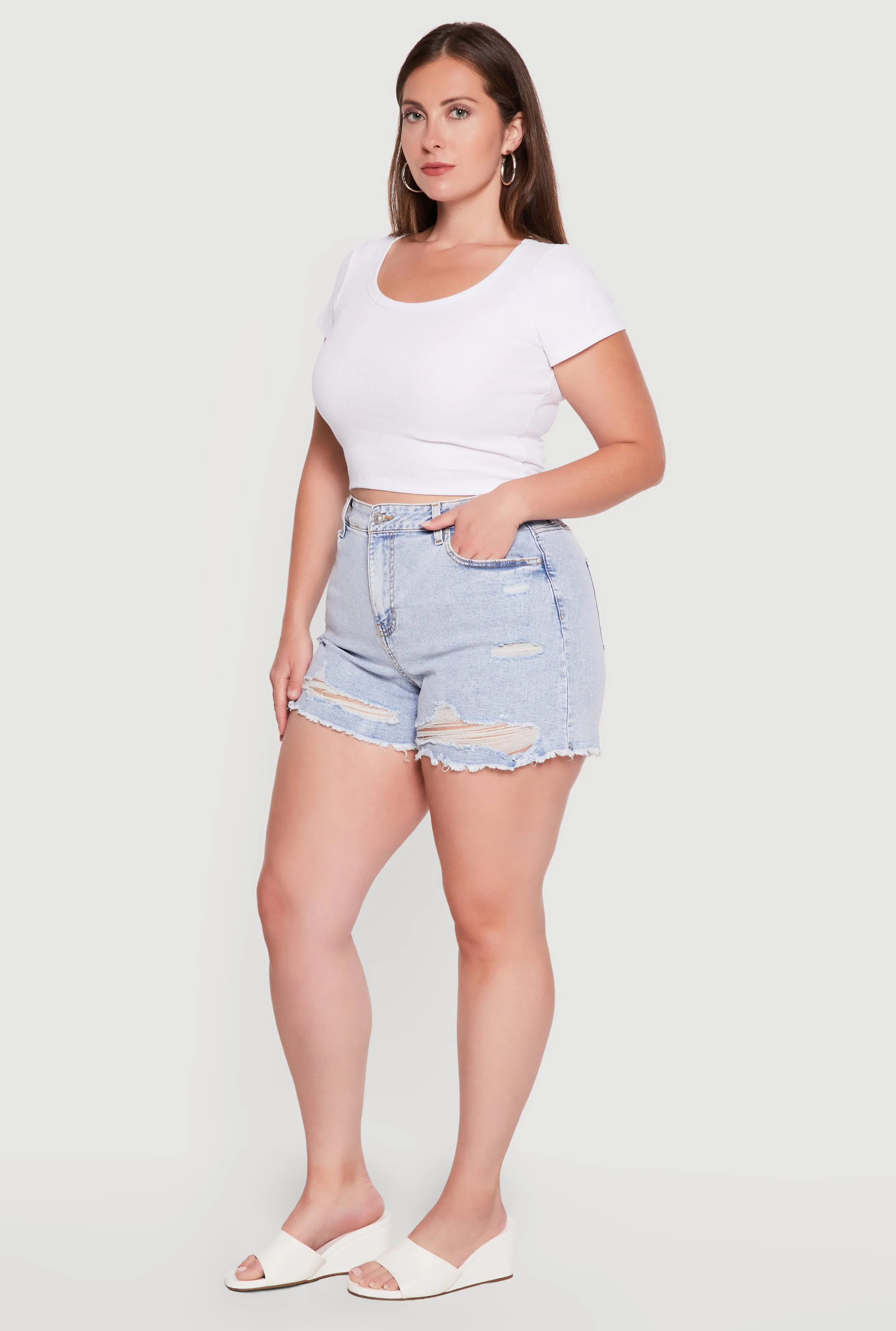 Plus Size Raw Hem Distressed Denim Shorts sold by Rainbow product image thumbnail 2