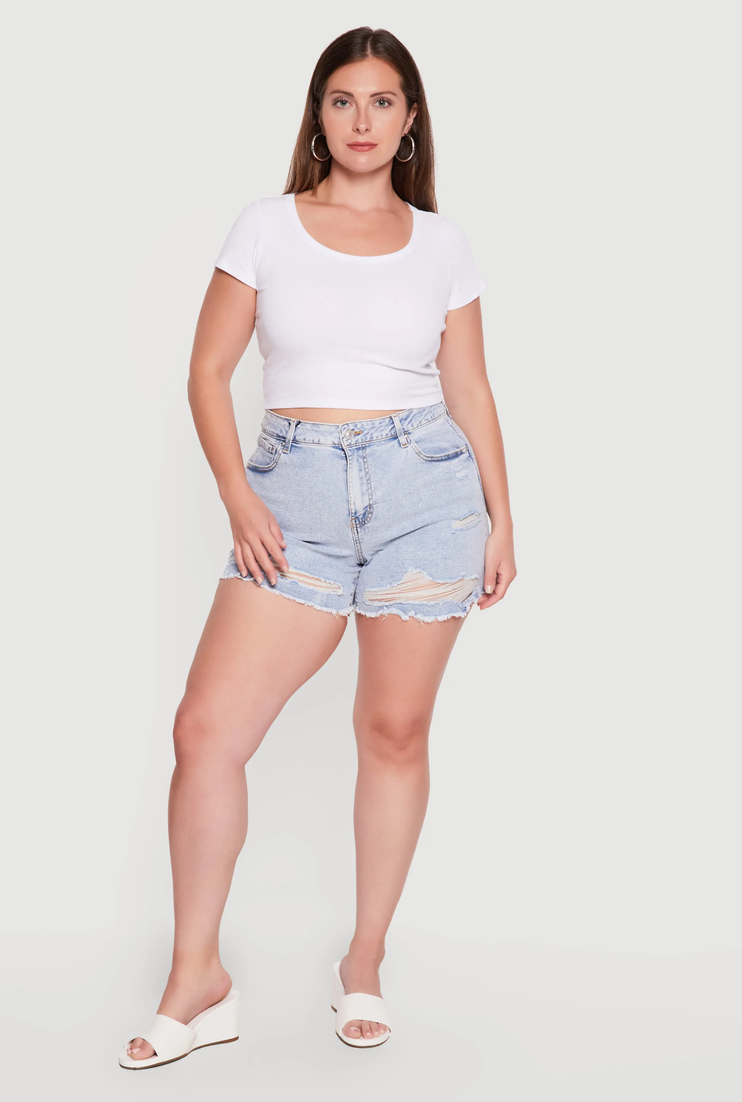 Plus Size Raw Hem Distressed Denim Shorts sold by Rainbow