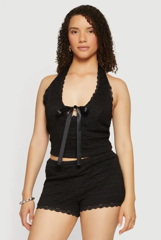 Scalloped Lace Trim Crop Halter Top made by Haute Monde