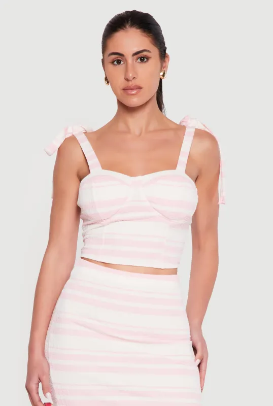 Striped Textured Knit Faux Tie Shoulder Crop Top made by Rainbow