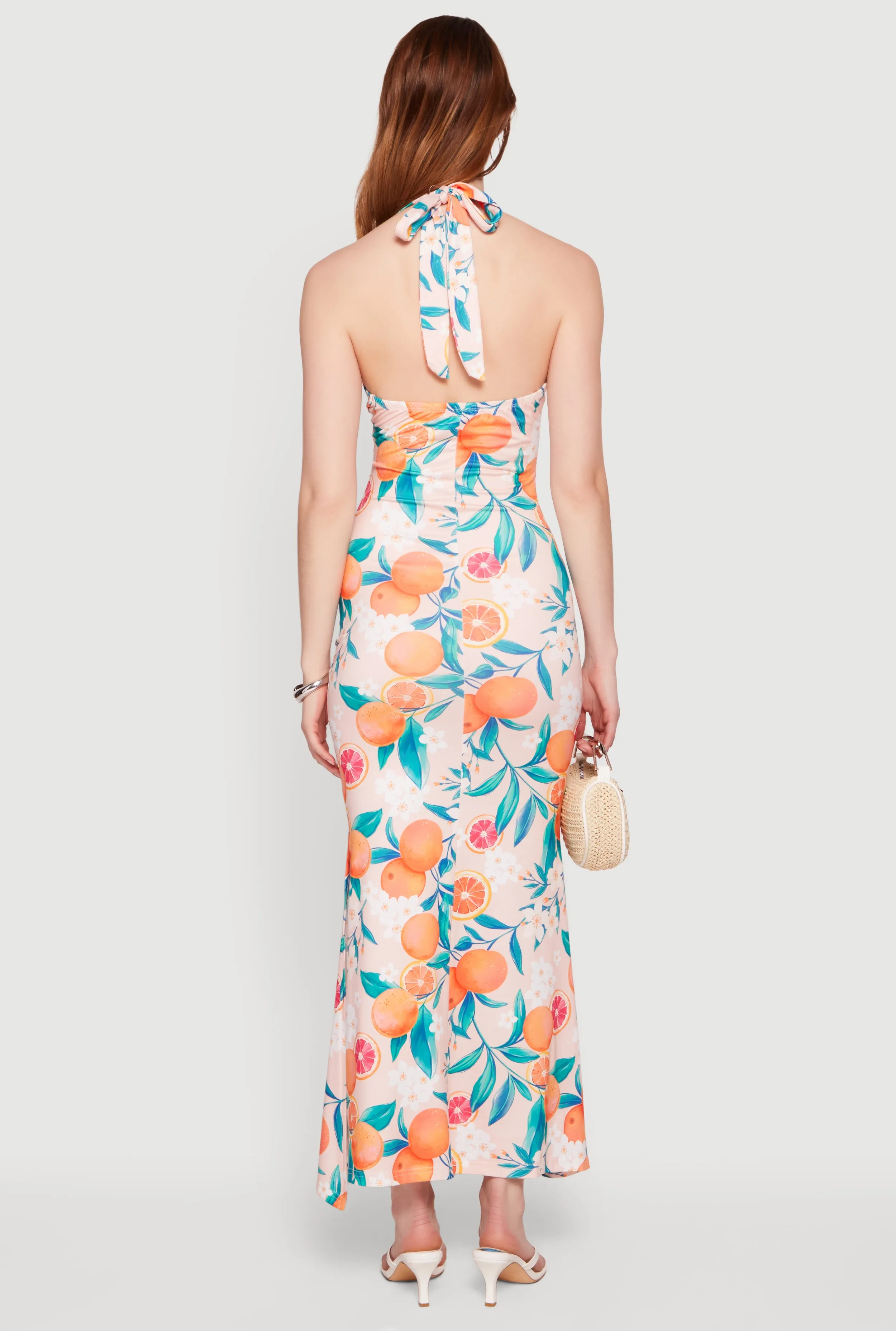Floral Tangerine Print Tie Back Halter Neck Mermaid Dress sold by Rainbow product image thumbnail 3