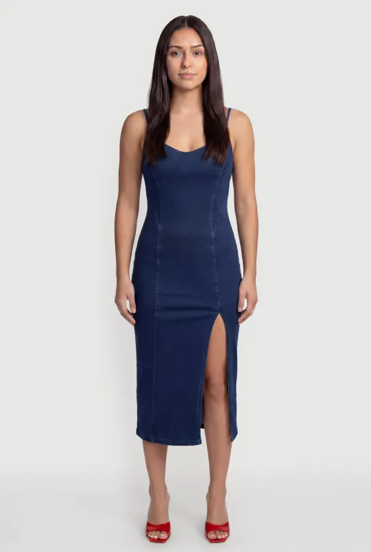 Sleeveless Zip Back Denim Dress with Side Slit made by Haute Monde
