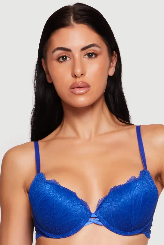 Scalloped Trim Leaf Patterned Lace Plunge Bra made by Rainbow