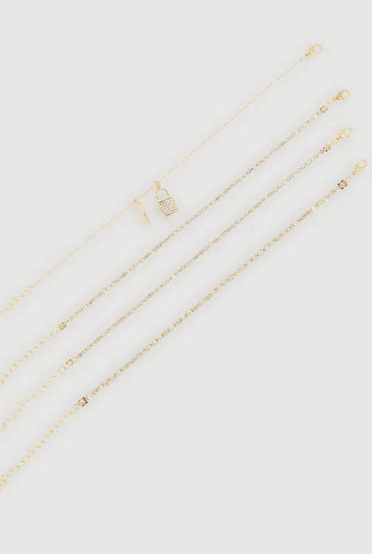 Cubic Zirconia Lock Charm Detail Metallic Chain Anklet made by Rainbow
