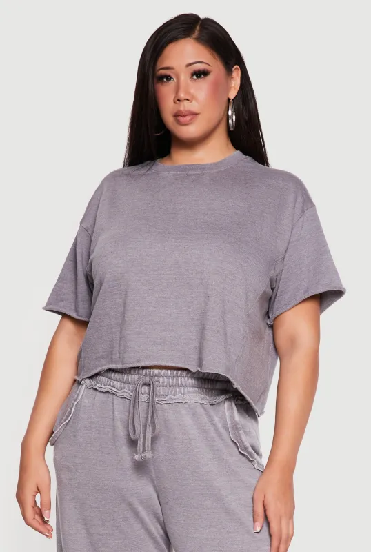 Plus Size Acid Wash Short Sleeve Raw Hem Sweatshirt made by Rainbow