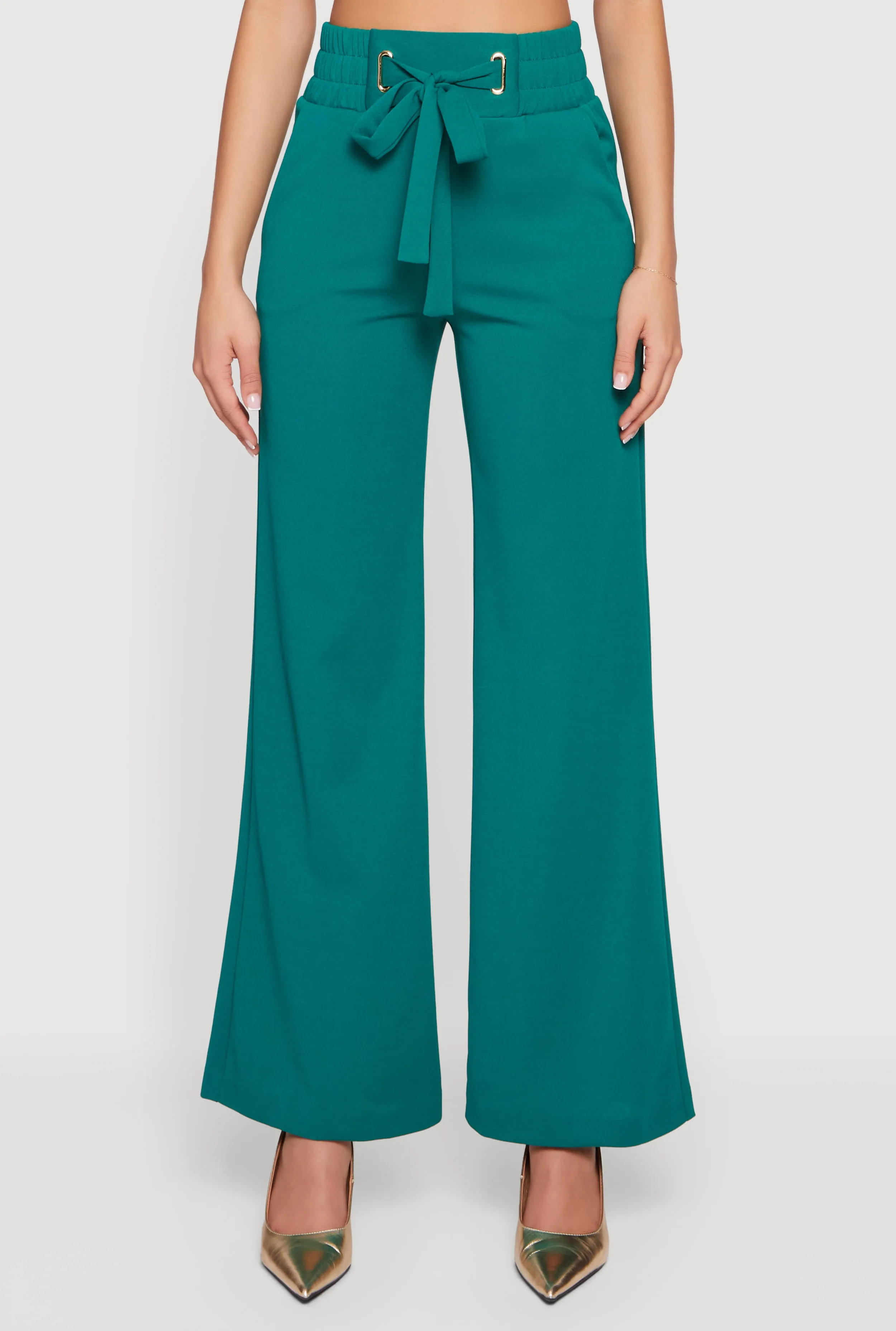 Crepe Knit Faux Drawstring Detail Wide Leg Pants sold by Rainbow product image thumbnail 3