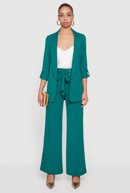 Crepe Knit Faux Drawstring Detail Wide Leg Pants made by Rainbow