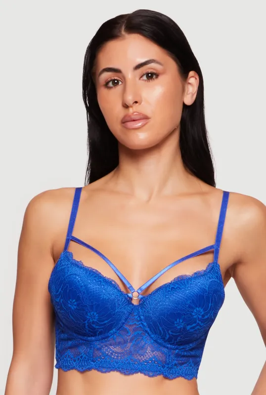 Floral Lace Caged O Ring Detail Plunge Longline Bra made by Rainbow
