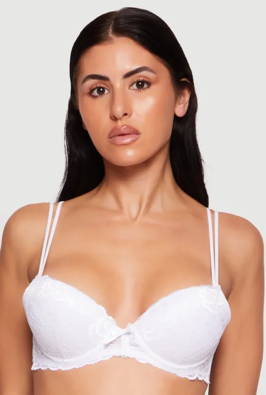 Floral Lace Double Strap Detail Scalloped Hem Plunge Bra made by Rainbow