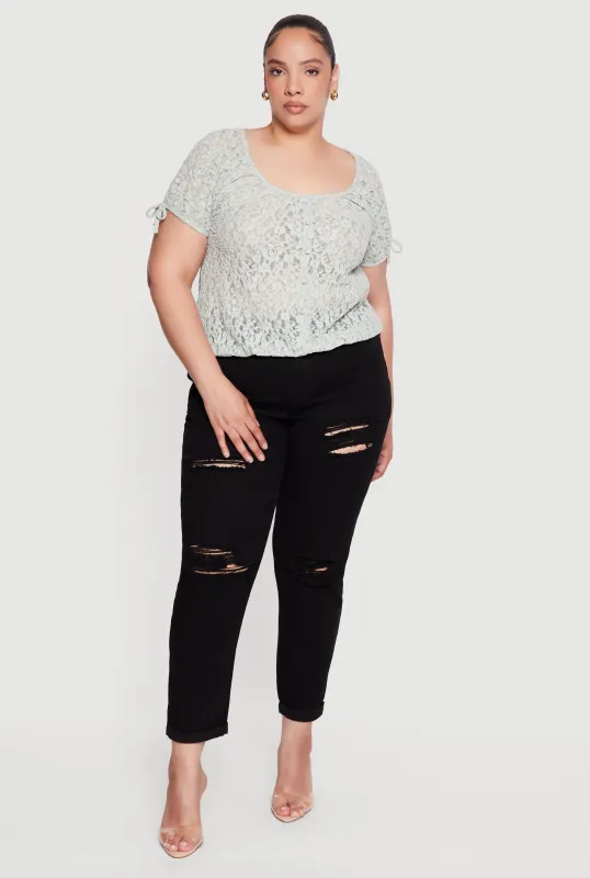 Plus Size Lace Faux Button Scoop Neck Top made by Rainbow