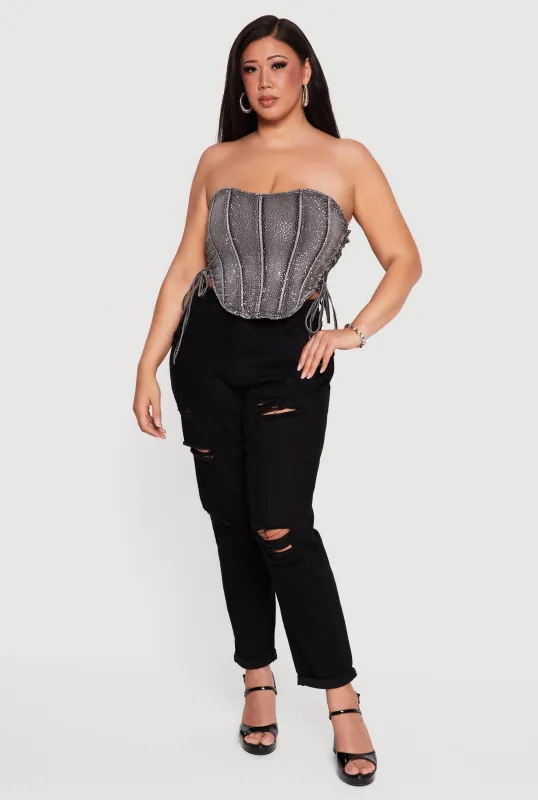 Plus Size Rhinestone Denim Side Lace Up Corset Top made by Daisy