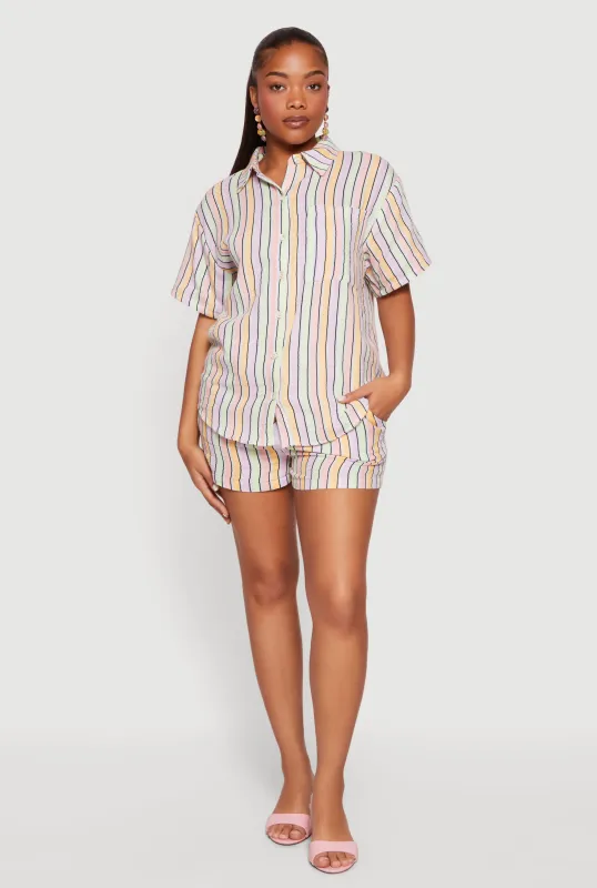 High Waisted Striped Gauze Knit Drawstring Shorts made by Rainbow