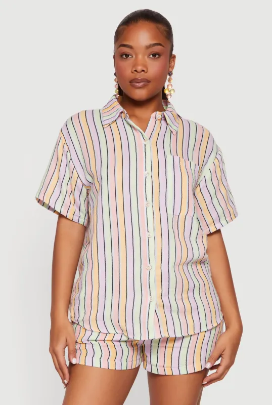 Button Front Short Sleeve Striped Shirt made by Rainbow