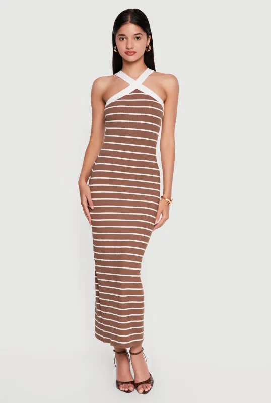 Striped Criss Cross Neckline Maxi Dress made by Rainbow