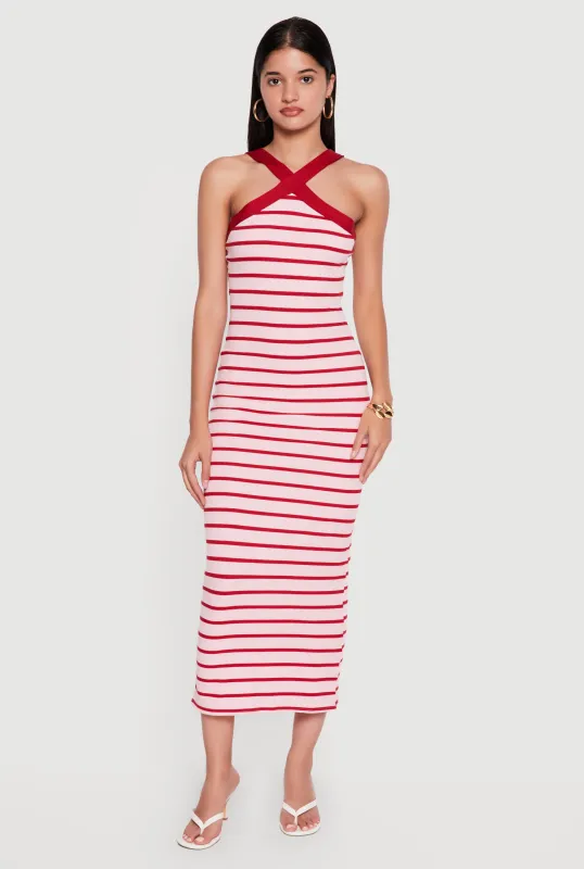 Striped Criss Cross Neckline Maxi Dress made by Rainbow