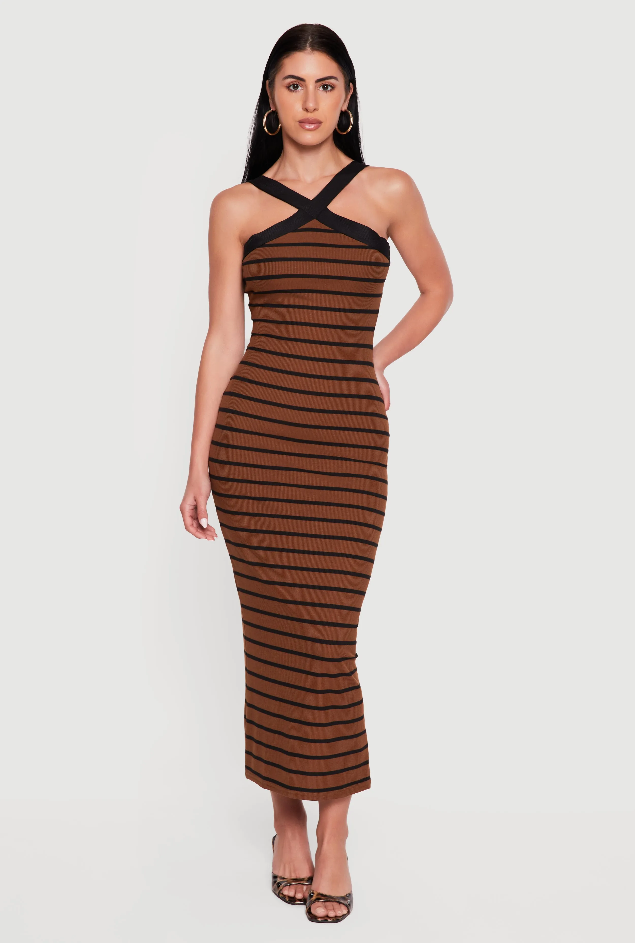 Striped Criss Cross Neckline Maxi Dress sold by Rainbow