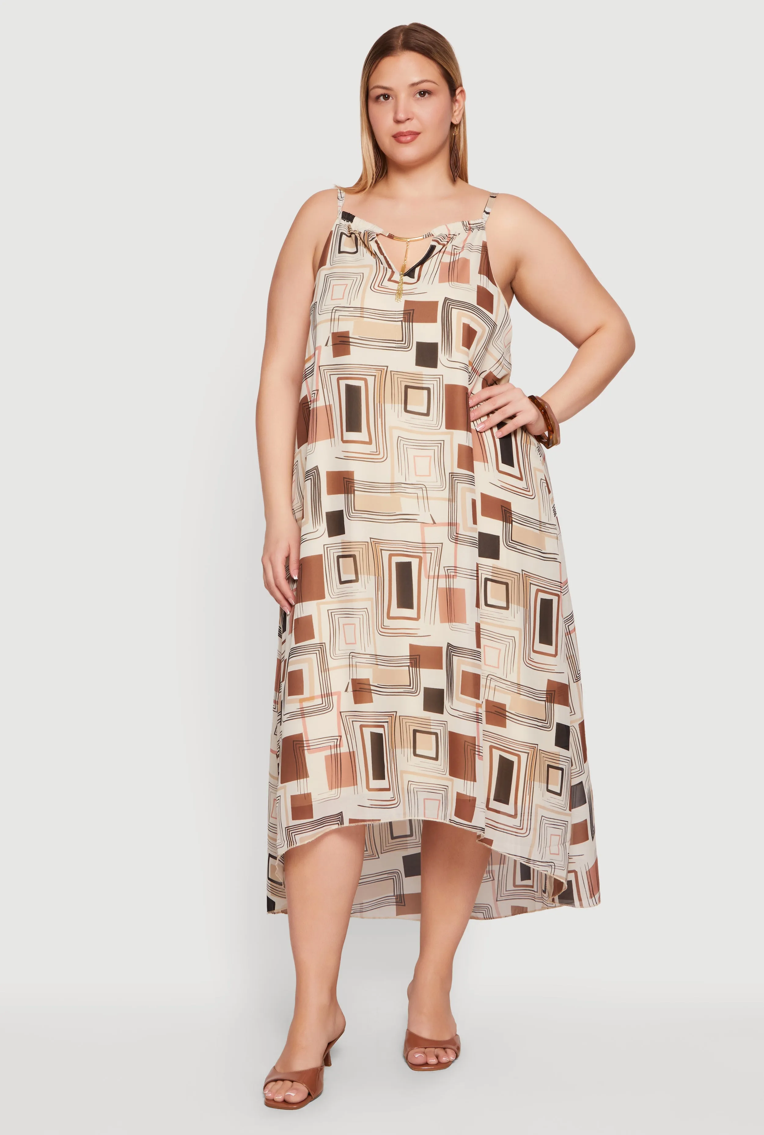 Plus Size Geometric Print Keyhole Detail High Low Dress sold by Rainbow