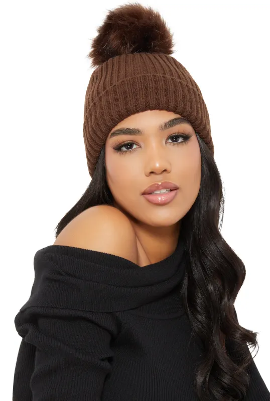 Ribbed Knit Faux Fur Pom Pom Beanie made by Rainbow