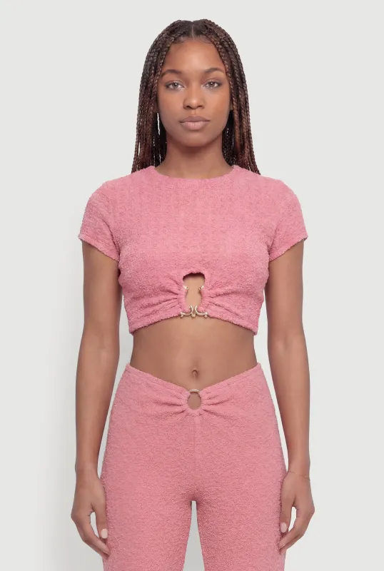 O-Ring Keyhole Textured Knit Crop Top made by Rainbow