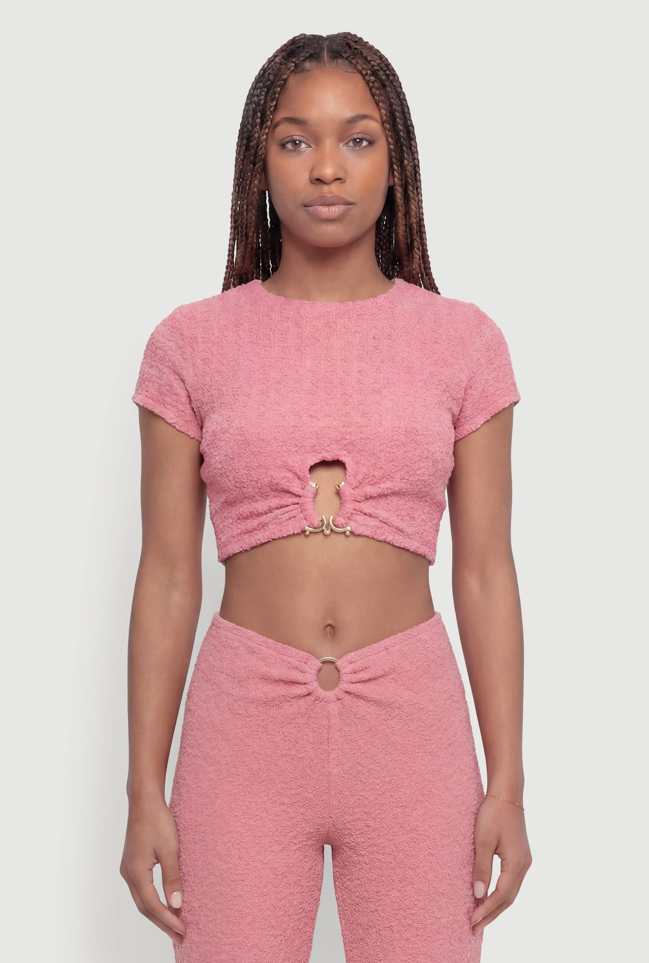 O-Ring Keyhole Textured Knit Crop Top sold by Rainbow