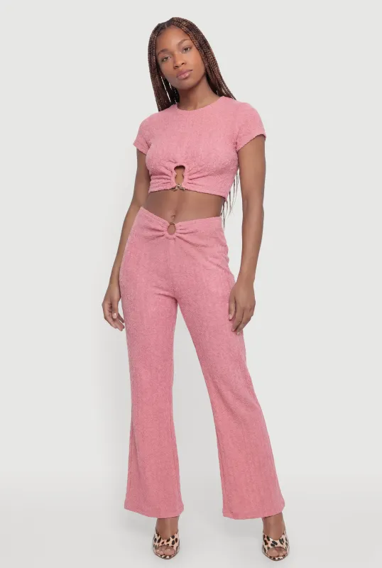 O-Ring Keyhole Textured Knit Flare Pants made by Rainbow
