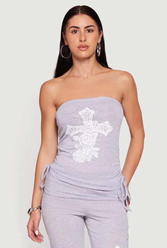 Rhinestone Floral Cross Graphic Side Ruched Tube Top made by Rainbow