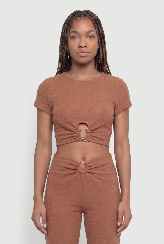 O-Ring Keyhole Textured Knit Crop Top made by Rainbow
