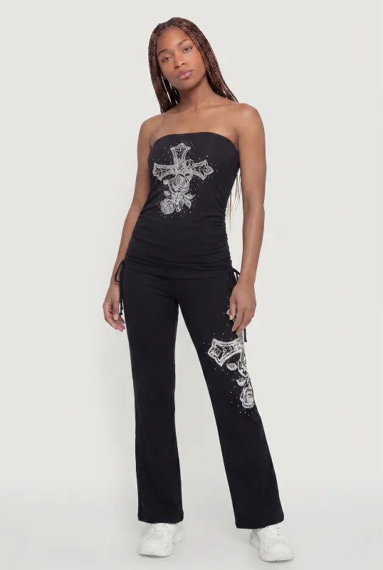 Rhinestone Cross Graphic Fold Over Pants made by Rainbow