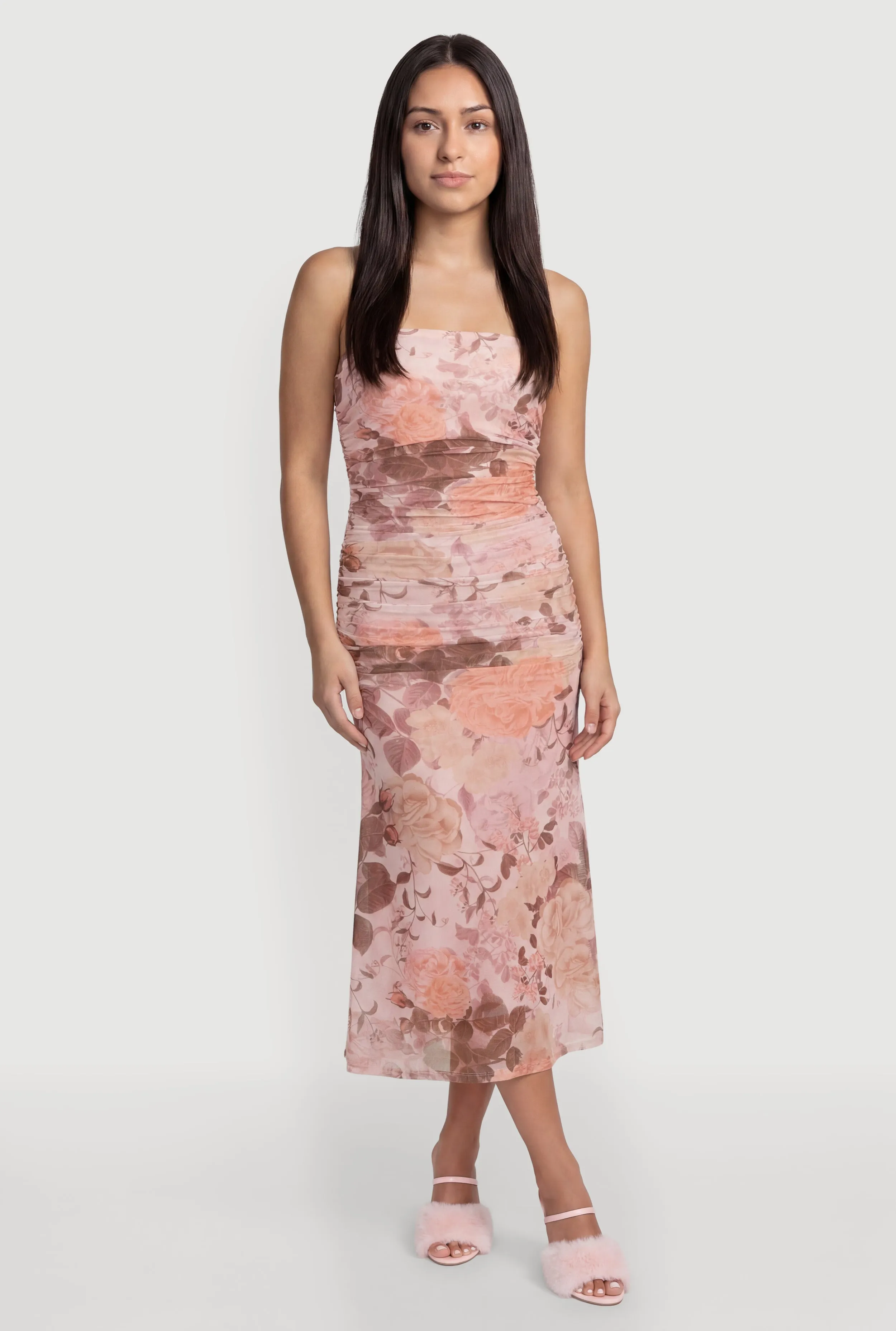 Floral Ruched Mesh Strapless Dress sold by Rainbow