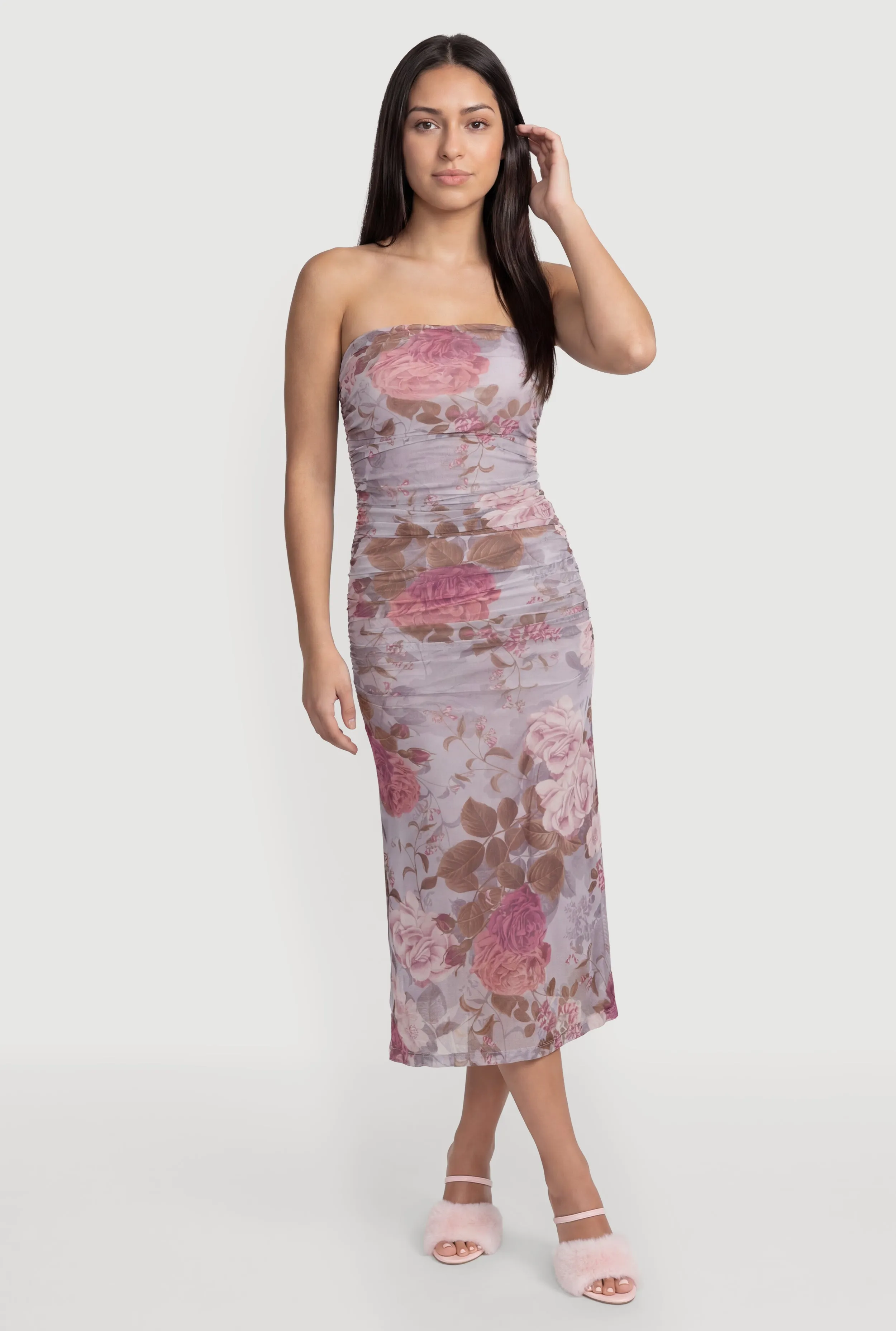 Floral Ruched Mesh Strapless Dress sold by Rainbow product image thumbnail 3