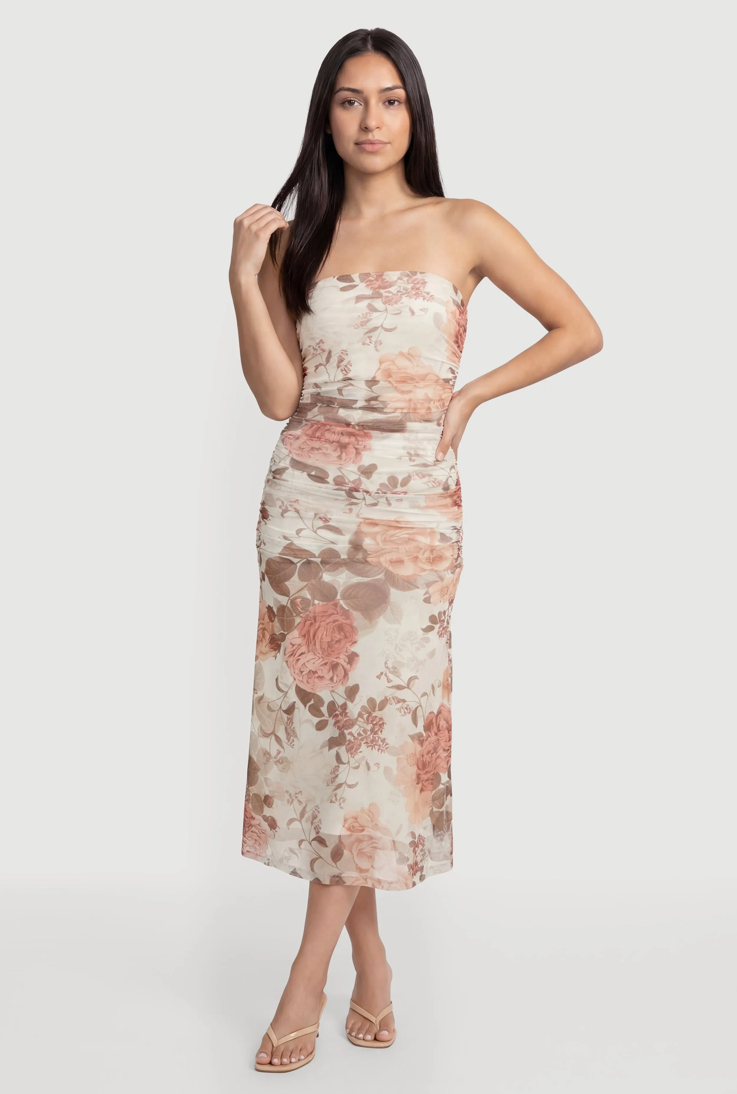 Floral Ruched Mesh Strapless Dress sold by Rainbow