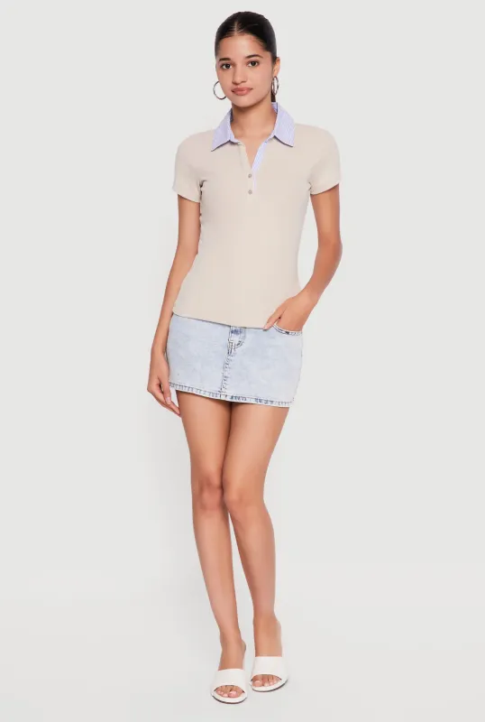 Contrast Trim Pinstriped Polo Shirt made by iris