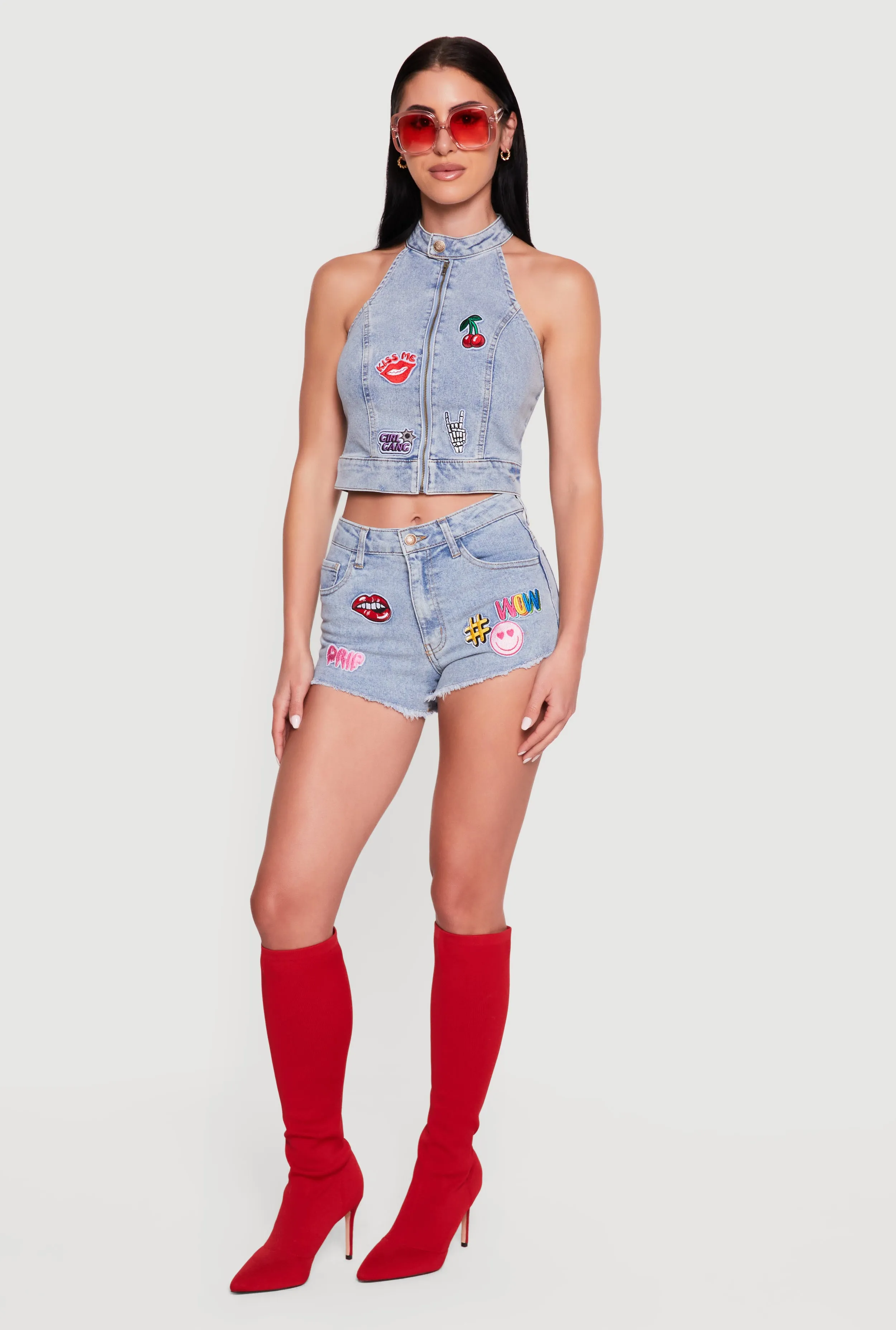 Embroidered Patch Graphic Raw Hem Denim Shorts sold by Rainbow product image thumbnail 2
