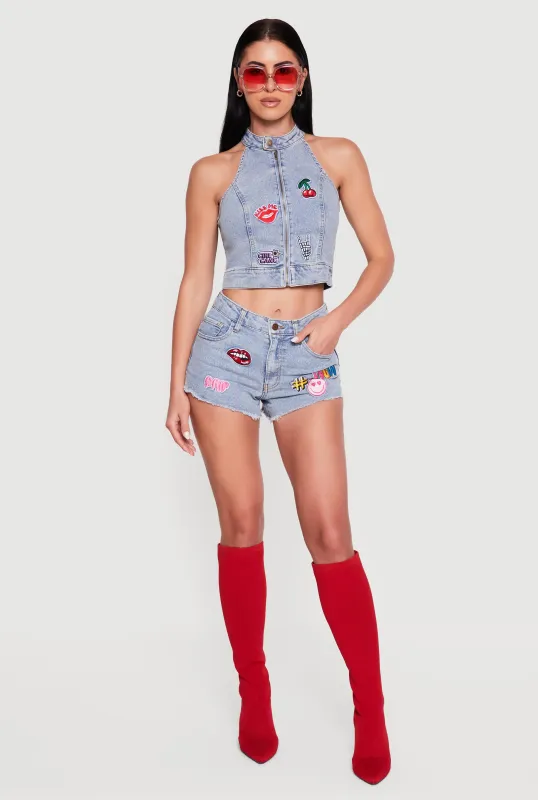 Embroidered Patch Graphic Raw Hem Denim Shorts made by Rainbow