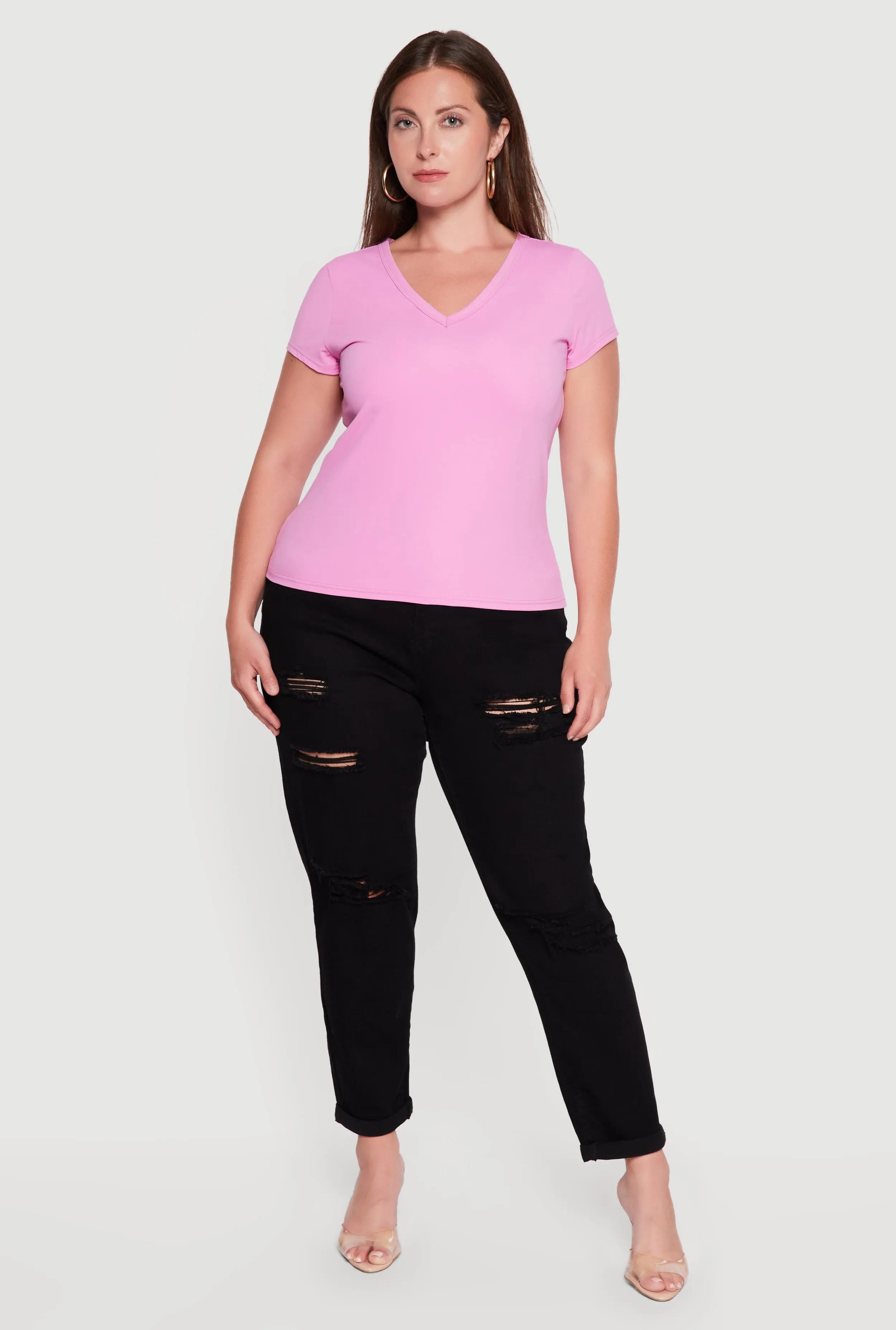 Plus Size Basic Short Sleeve V-Neck Top sold by Rainbow