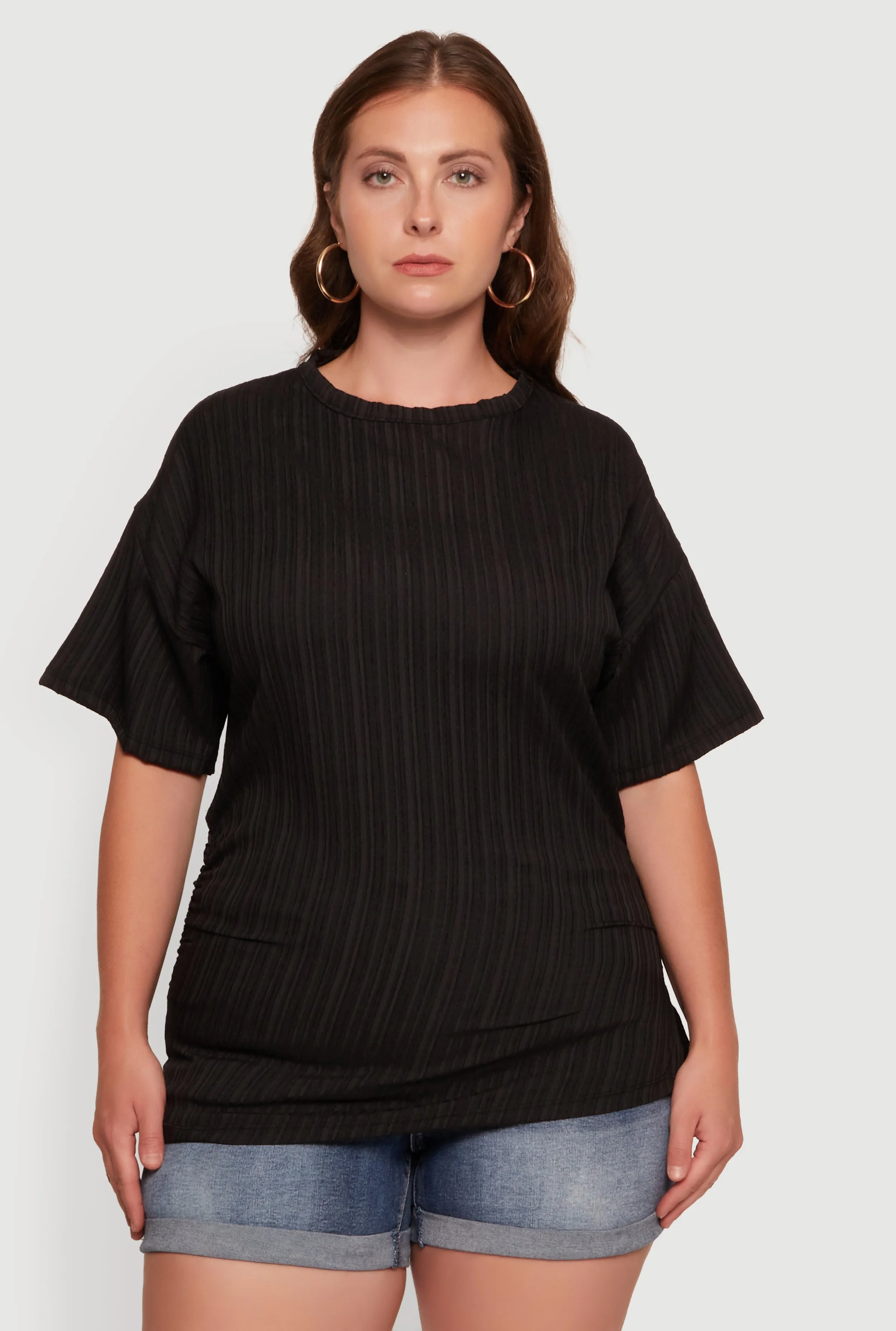 Plus Size Textured Knit Side Ruched Drop Shoulder Blouse sold by Rainbow product image thumbnail 2