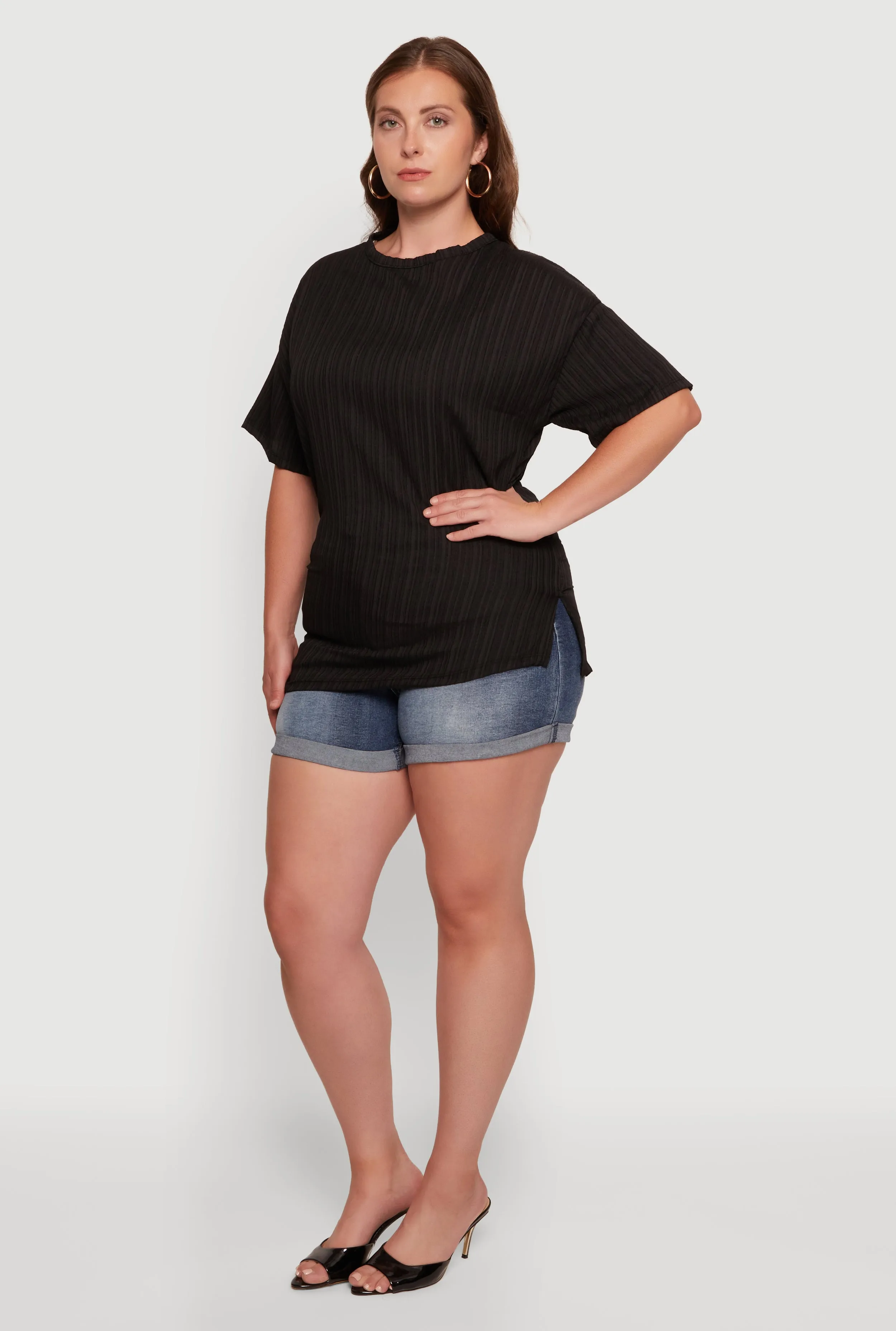 Plus Size Textured Knit Side Ruched Drop Shoulder Blouse sold by Rainbow product image thumbnail 3