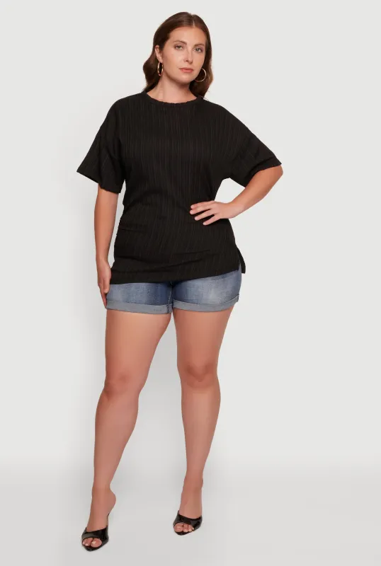 Plus Size Textured Knit Side Ruched Drop Shoulder Blouse made by Rainbow