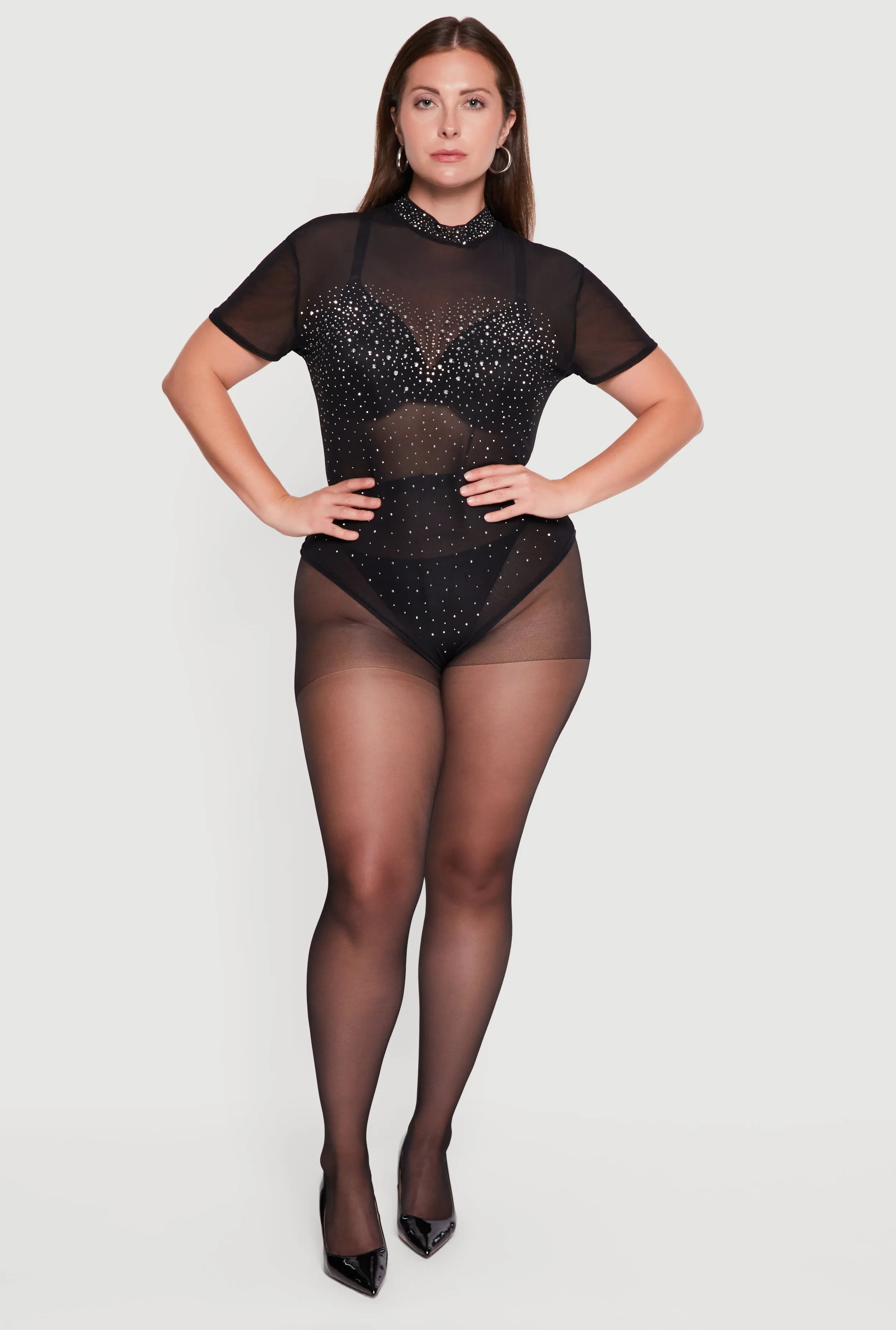 Plus Size Rhinestone Short Sleeve Mesh Bodysuit sold by Rainbow