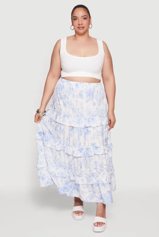 Plus Size Toile De Jouy Tiered Ruffle Trim Maxi Skirt made by Rainbow