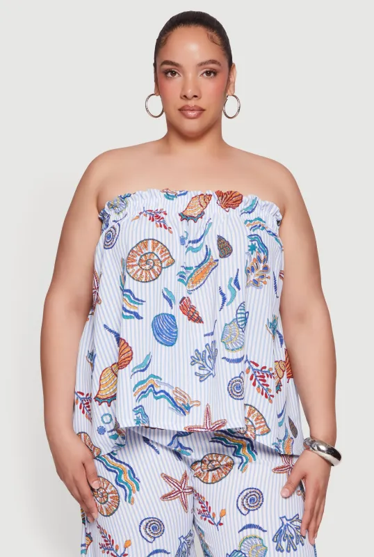 Plus Size Striped Seashell Print Tube Top made by Rainbow